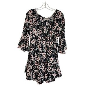 Terra Sky Womens Scoop Neck Top 14 W Black Floral Bell Sleeves Ruffle Boho Tunic